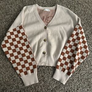 Altar'd State Cream V-Neck Cardigan with Brown Checker Sleeves with Mountains